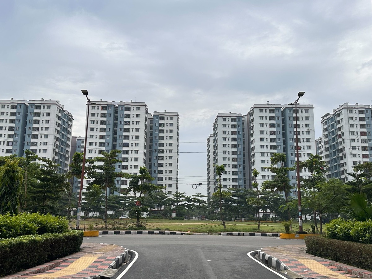 Modern residential towers with landscaped grounds